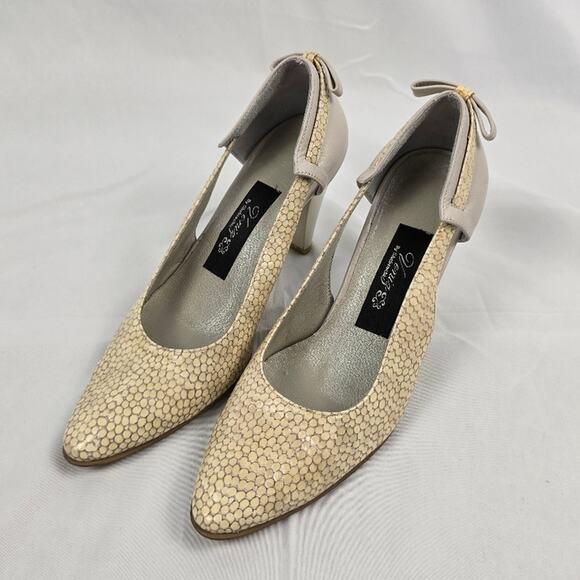 Vintage Veniz Leather Heels Size 6.5 Yellow Animal Print Bow Pumps Retro - Picture 4 of 6